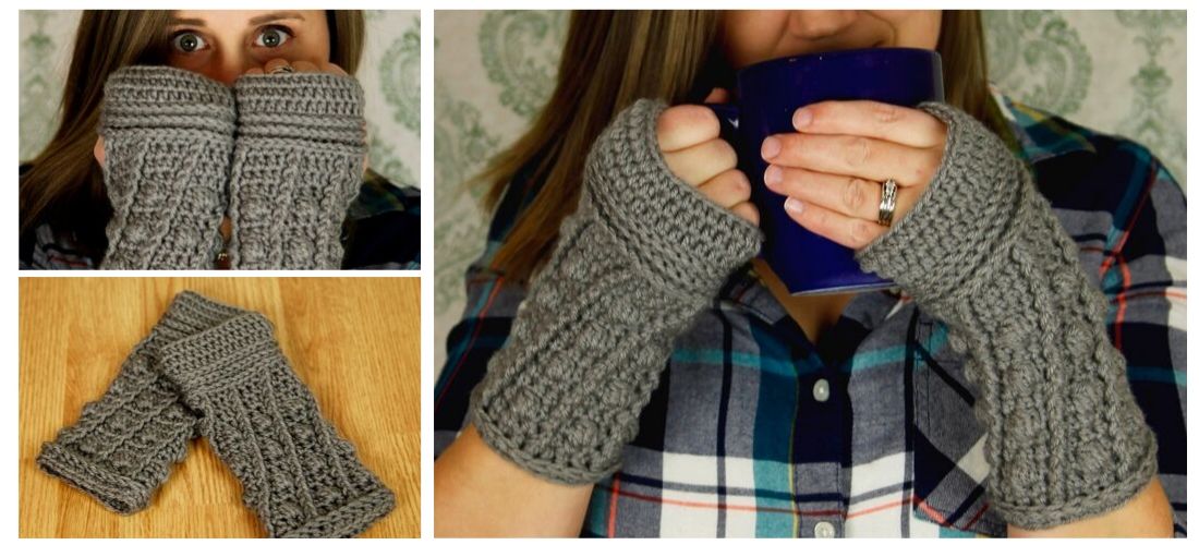 Crochet fingerless gloves in grey with a Dalek-inspired design