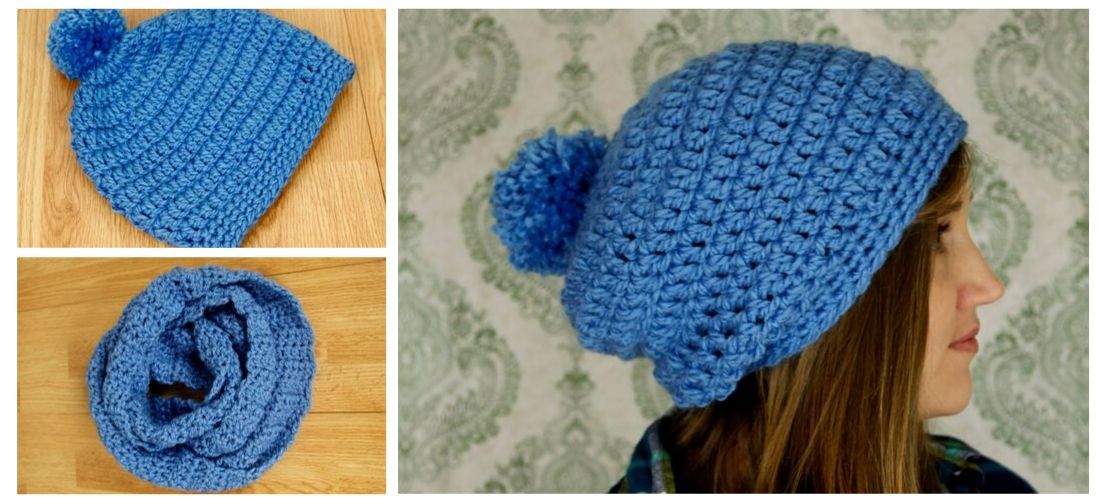 Woman wearing blue crochet slouchy hat and infinity scarf