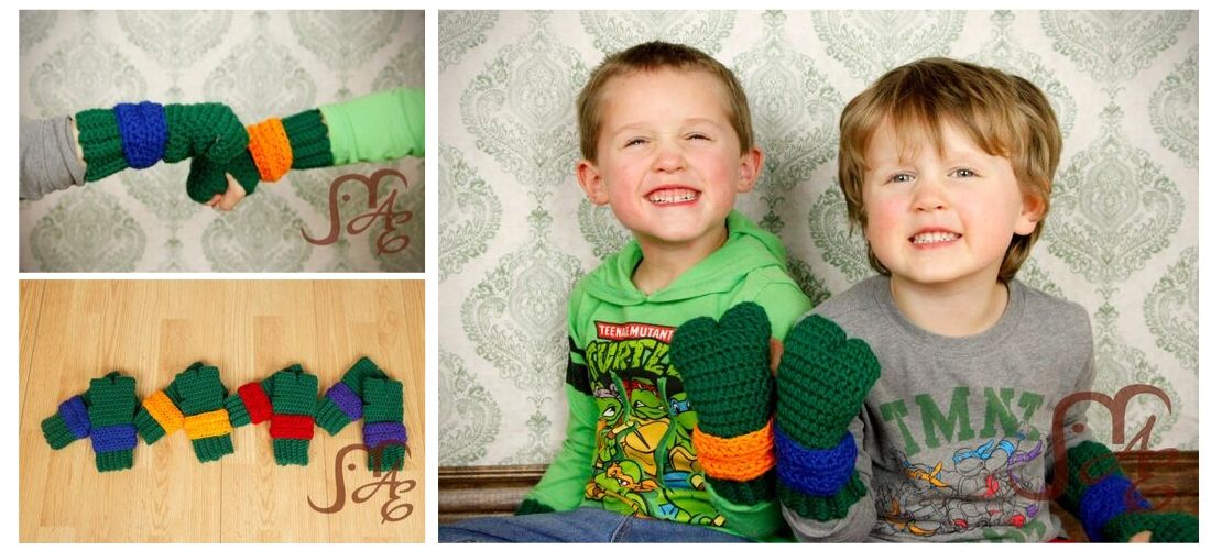 Two Boys wearing green turtle gloves with green and blue wrist wraps
