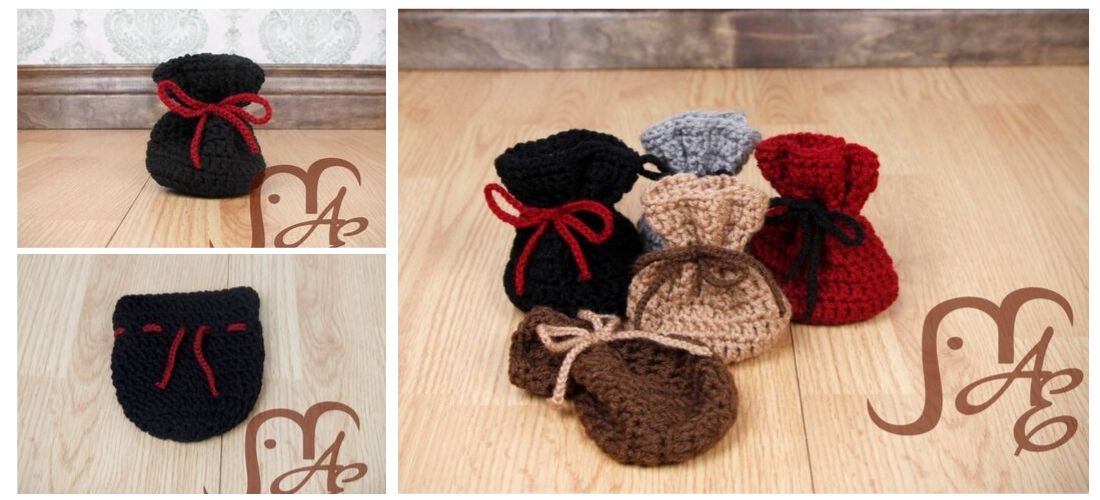 Crochet dice bags in several earth tone colors