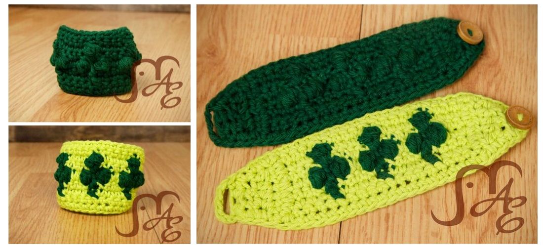 Crochet buttoned wrist cuffs in dark green and light green with Shamrock designs