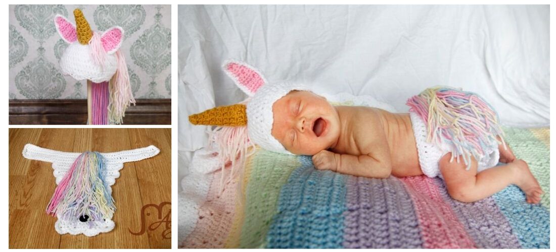 Baby wearing Crochet Unicorn Hat and diaper cover laying on crochet rainbow blanket