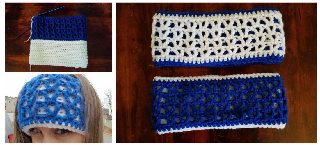 Two sided crochet earwarmers in blue and white