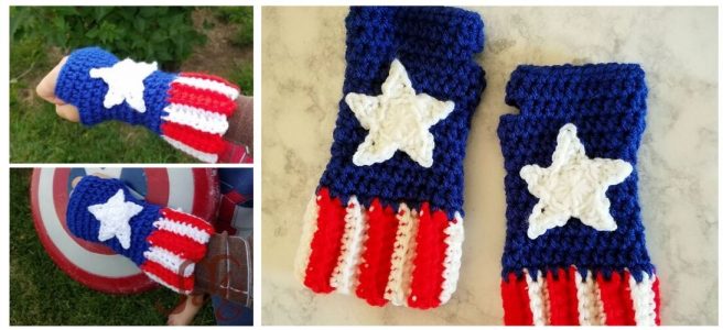 Crochet fingerless gloves in red, white, and blue with stars