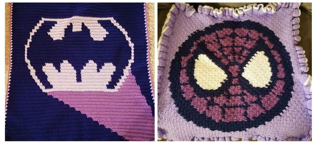 Batman and Spiderman logo graphed crochet blankets