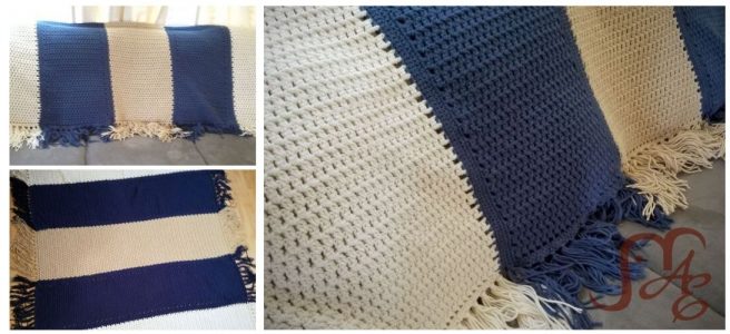 Crochet blanket in blue, cream and tan