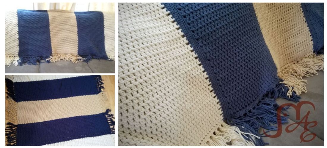 Crochet blanket in blue, cream and tan