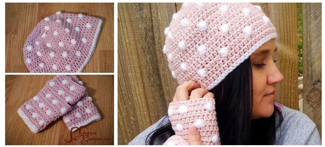 Woman wearing crochet beanie and fingerless gloves in pink with white polka dots