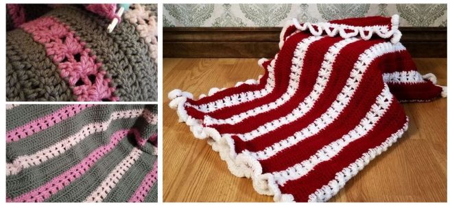 Crochet striped blankets in pink and grey and red and white