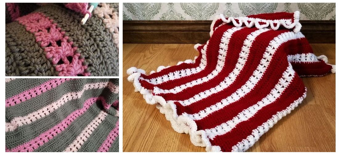 Crochet striped blankets in pink and grey and red and white
