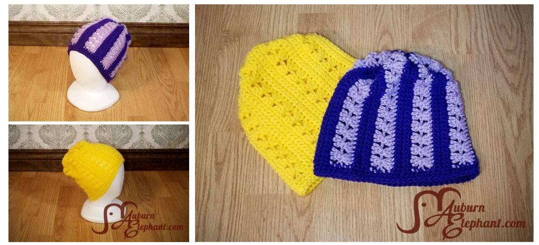 Crochet beanies in yellow and in dark and light purple stripes