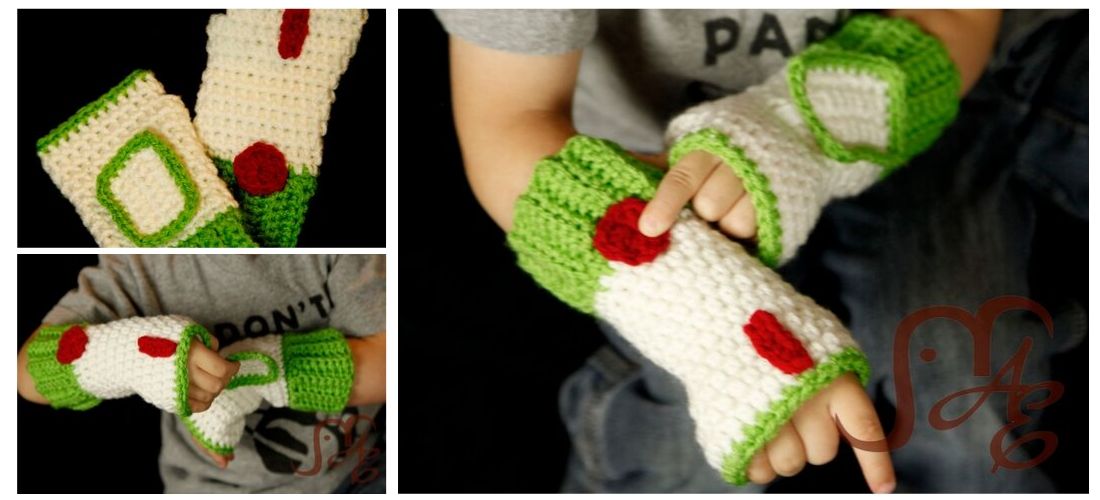 Crochet Fingerless space ranger gloves in green and white