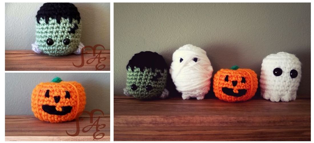 Crochet mini spooky figures of Frankenstein's monster, mummy, jack-o-lantern, and ghost