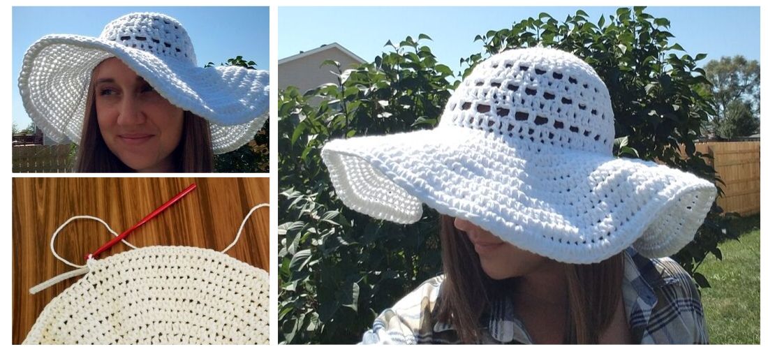 Woman wearing White crochet sun hat outside