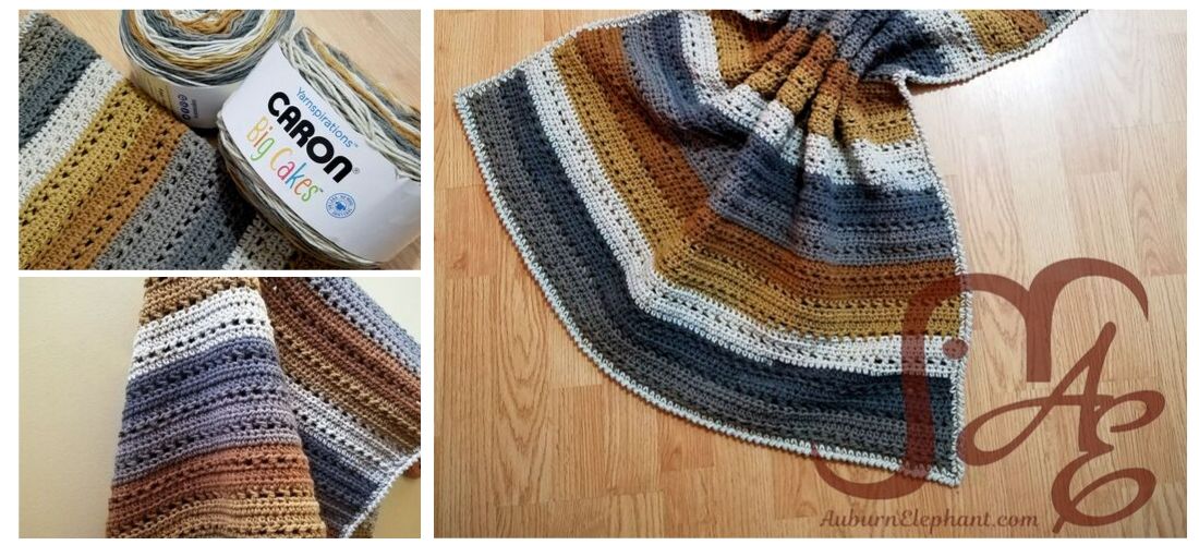 Crochet blanket in brown and grey toned stripes