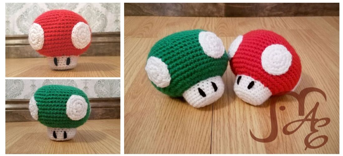 Crochet Green and Red toadstool plushes