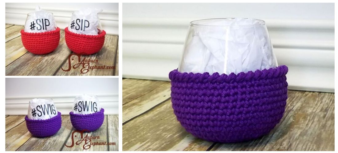 Stemless wine glasses with red and purple crochet coozies