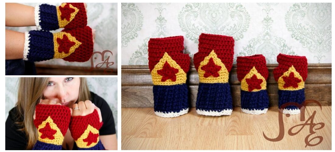Crochet Wonder Woman themed gloves in adult and child sizes