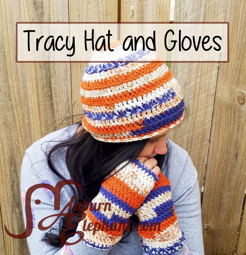 Woman wearing crochet beanie and fingerless gloves